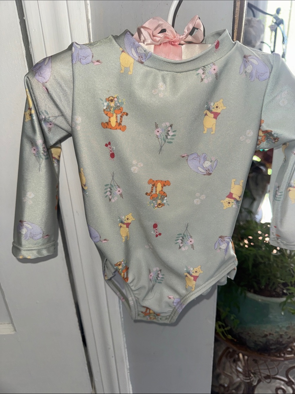 Disney Sage Green Long-Sleeve One-Piece with Winnie the Pooh Characters